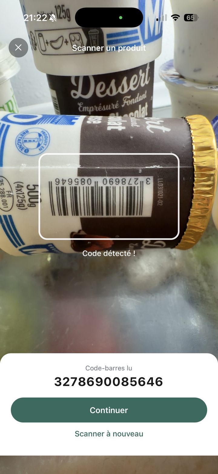 Écran de scan d'un code-barres dans SAYF