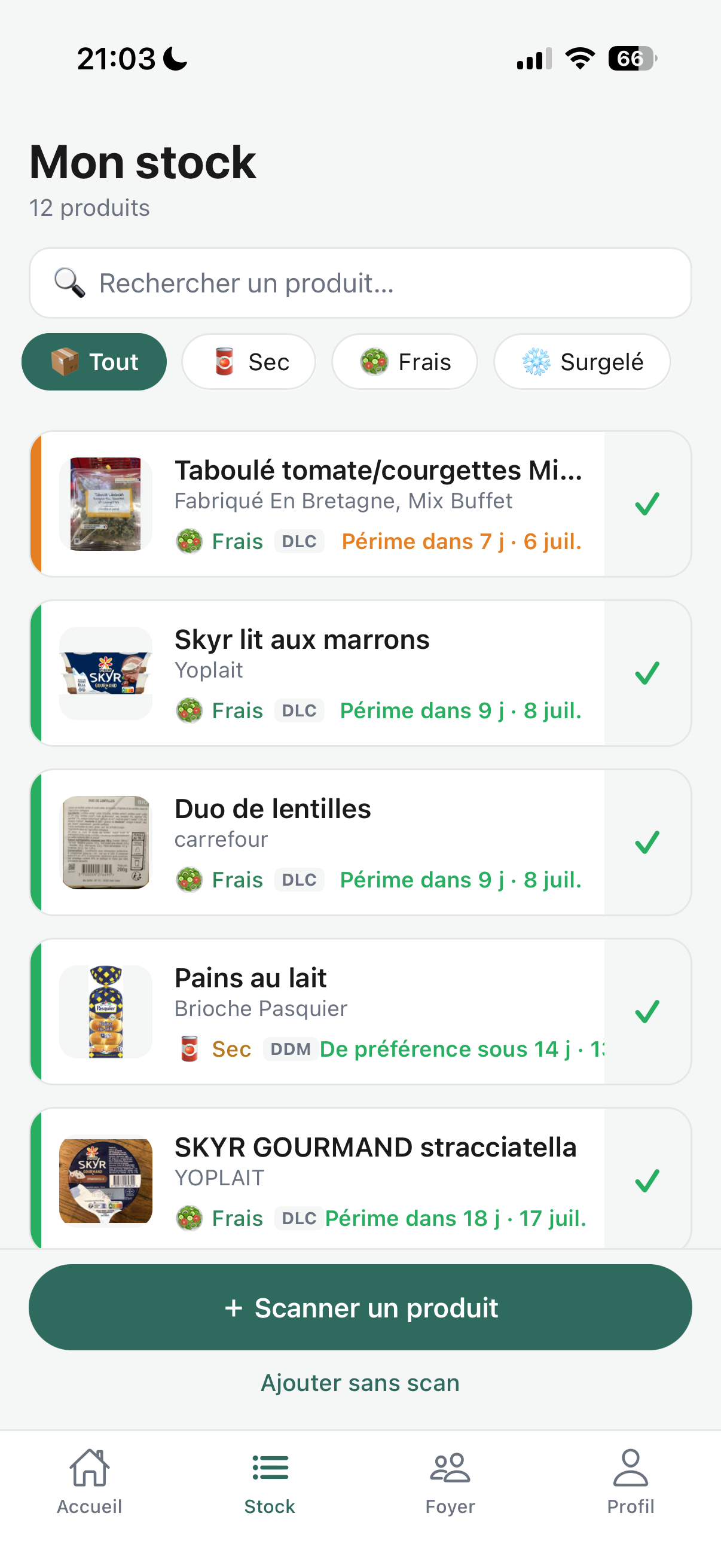 Écran Mon stock de SAYF